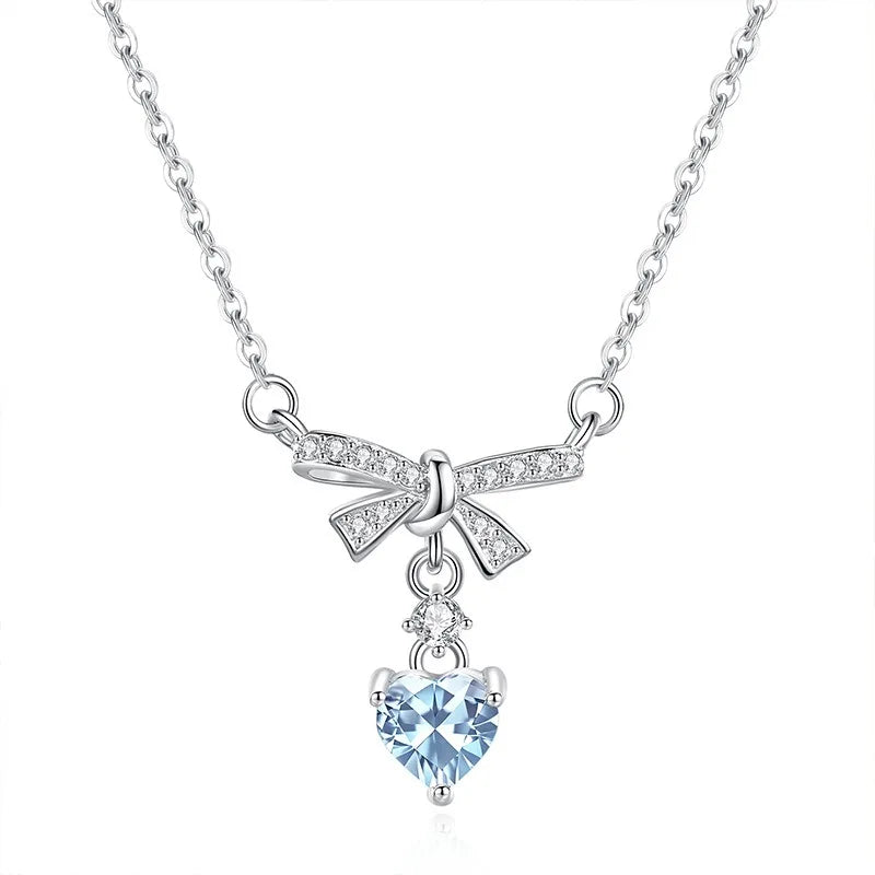 Women 925 Sterling Silver Natural Stone Garnet Necklace Engagement Wedding Bow Knot Heart Pendant Chokers Jewelry Wholesale