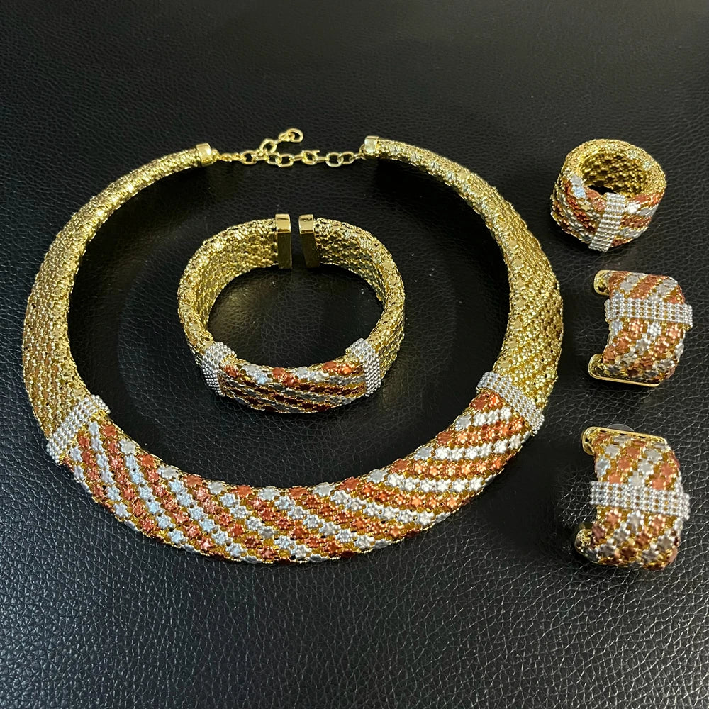 Colorful Italian Jewelry Set Brazilian Gold Plated Brass Jewelry Sets Wedding Party Necklace Bracelet Earrings Ring Jewellery