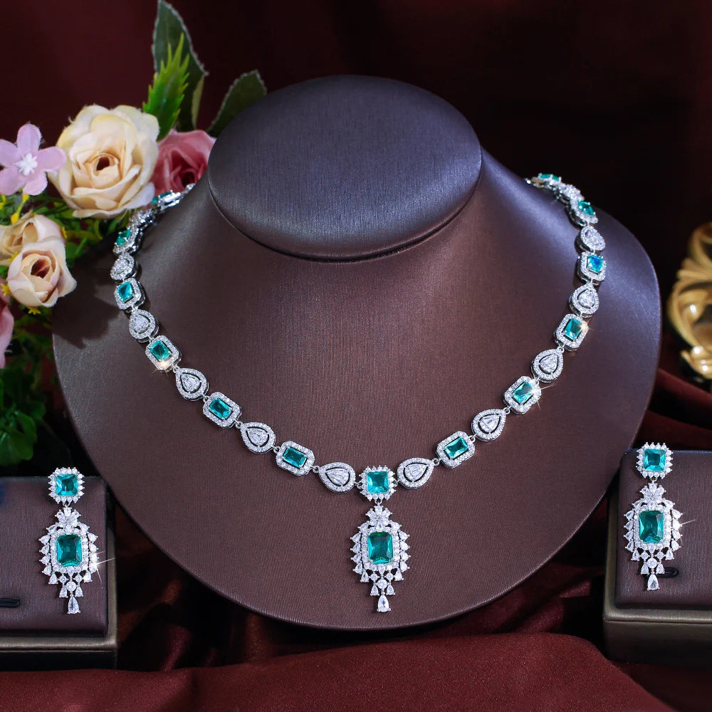 Silver Plated Light Green Square Cubic Zirconia Jewelry Set Accessories Prom Wedding Bridal Long CZ Earrings Necklace for Women
