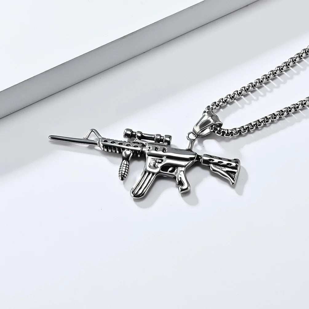 Tempusort Wholesale Gold Plated M416 Assault Rifle Retro Hip Hop Stainless Steel Pendant Necklace Fashion Jewelry for Men Gifts