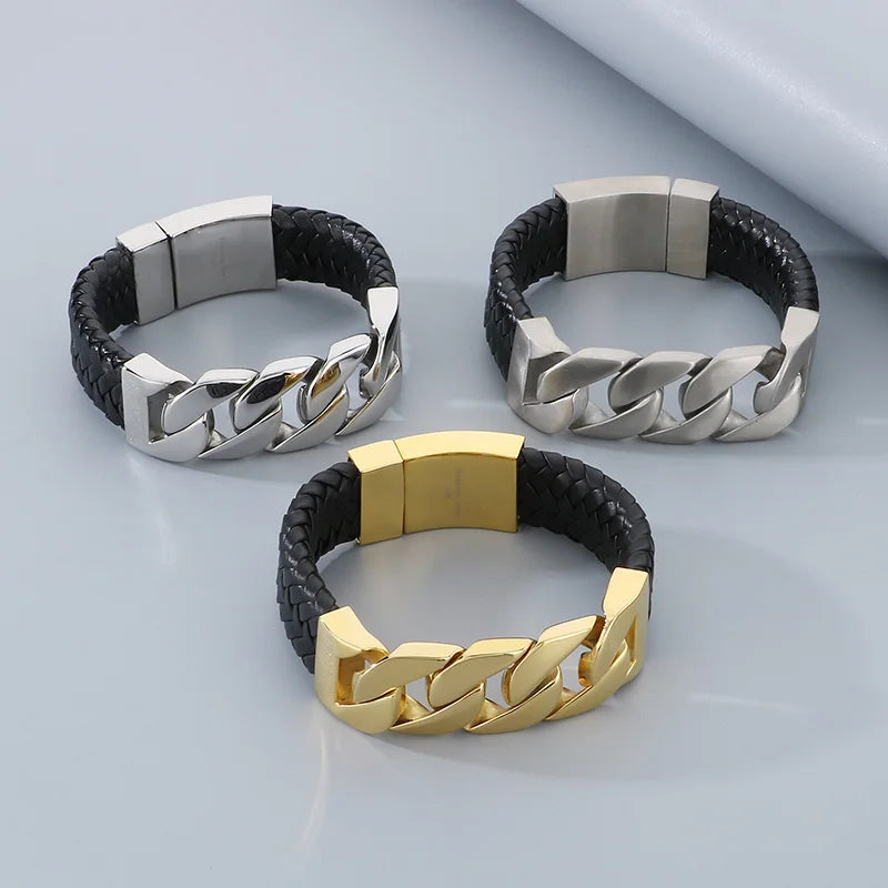 REBEL 240mm Punk Leather&Stainless Steel Cuban Links Bangle Bracelet