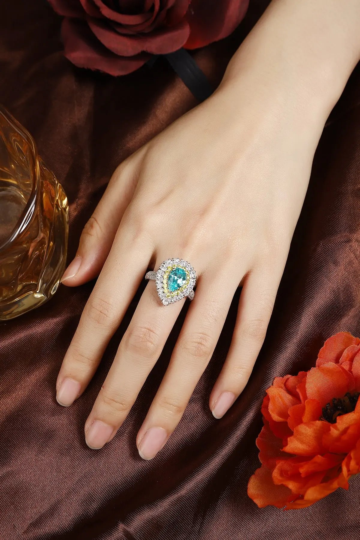 Gemfiori Bridal Jewelry Set for Women Ring Necklace Earrings Lab Grown Paraiba Vintage Jewelry for Engagement Wedding Party Gift Idea