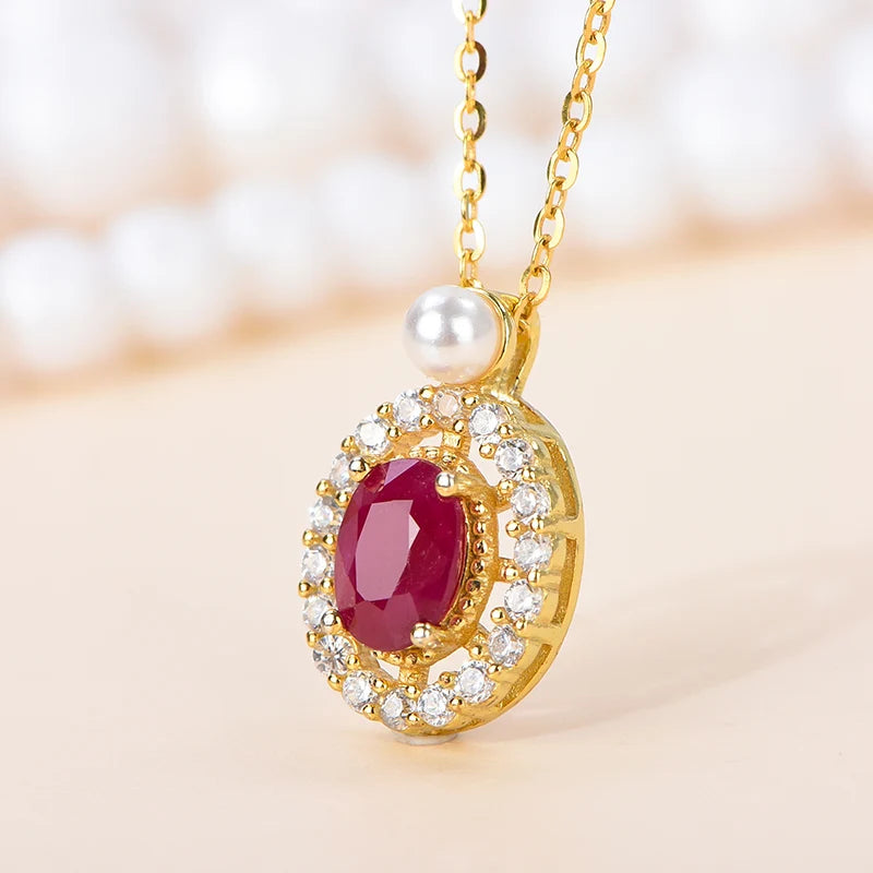 Gioiellieri Oval Shape Natural Ruby Solitaire Pendant 925 Sterling Silver Gold Plated Luxury Chain Necklace Gift Jewelry