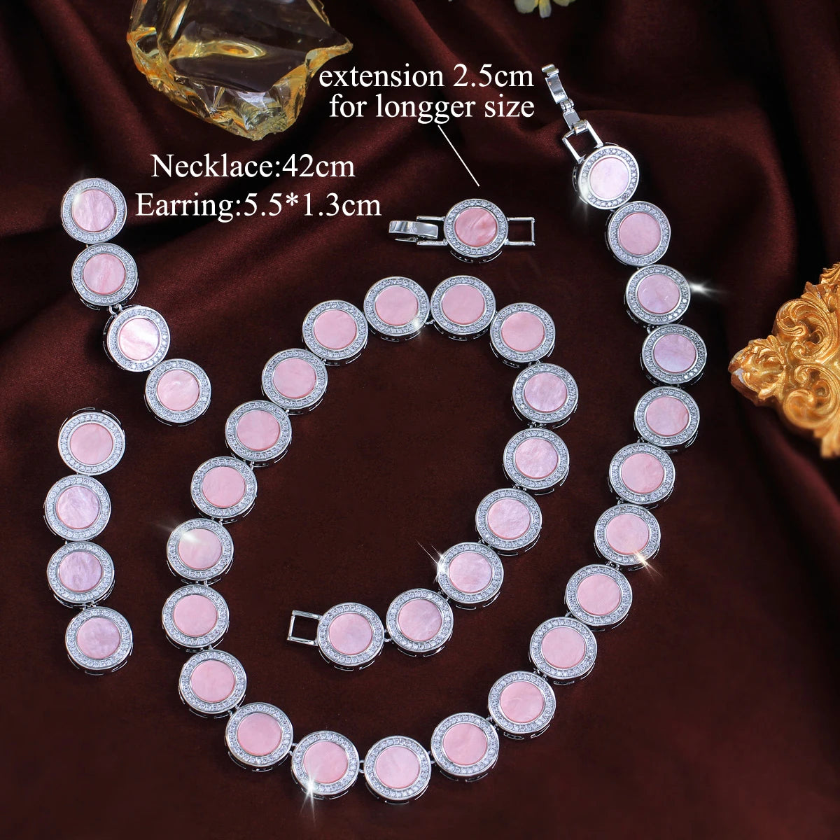 S&S Pink Round CZ Vintage Statement Necklace & Earrings Set – Silver Plated – Collection