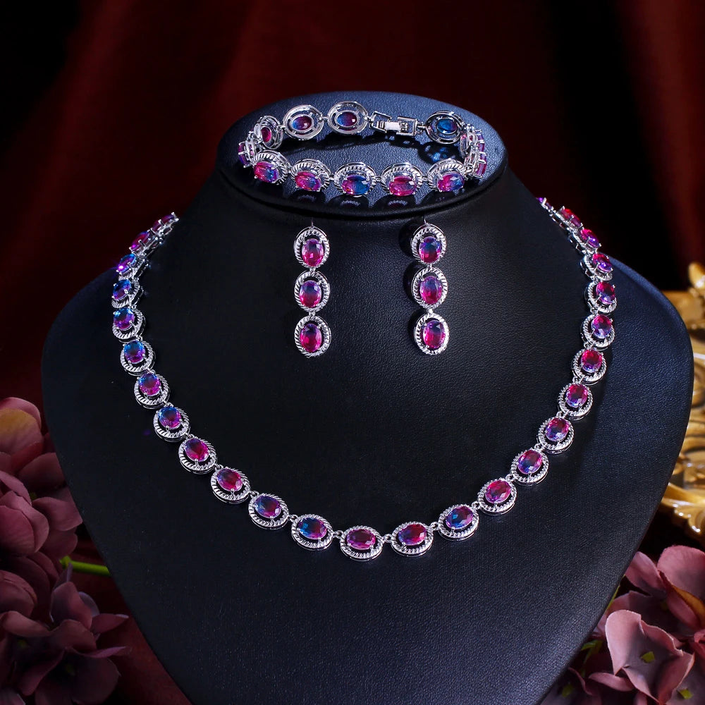 3 Pcs Elegant Rainbow Cubic Zirconia Topaz Oval Drop Earrings Necklace and Bracelet Set Jewelry Gift for Ladies Party Bridesmaid