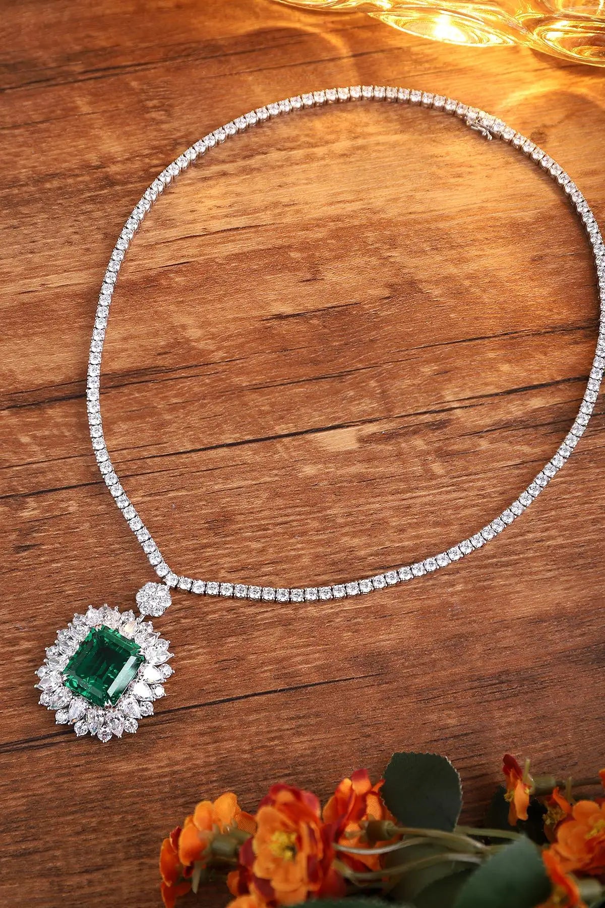 Gemfiori Anster Luxury Necklace S925 Lab Grown Emerald Necklace for Women 16/17/18inches Length Party Engagement Pendant Necklace
