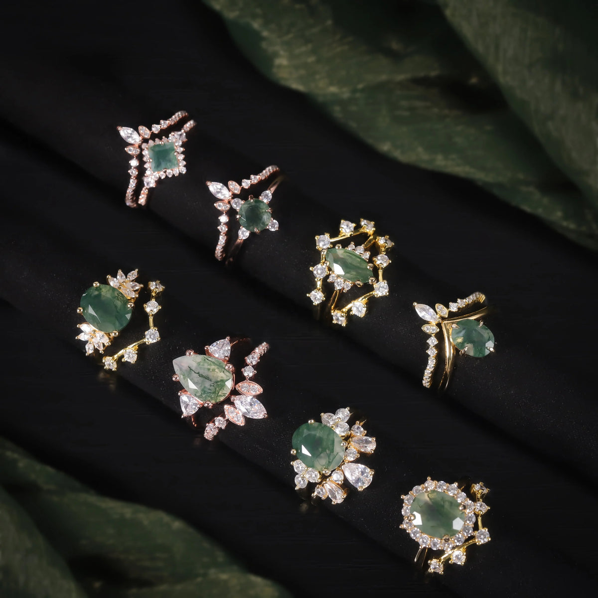 ArtistA Abiding Direct Sale 925 Silver Rose Gold Plated Oval Cut 6x8MM Natural Moss Agate Cz Halo Wedding Ring Set Wedding Band