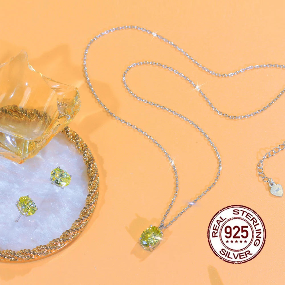 High Quality S925 Sterling Silver Pendant Earrings Green Oval Cubic Zirconia Jewelry Set for Women Daily Anniversary Wear
