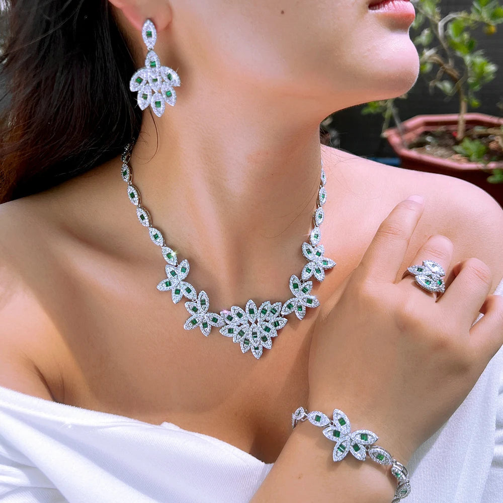 Elegant 4pcs Leaf Shape Cubic Zirconia Stone Bridal Luxury Green Jewelry Set for Women Party Engagement Dress Accessories