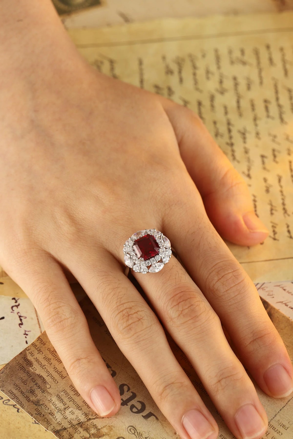 Gemfiori Hot Selling Asscher Cut Lab Grown Ruby Ring Sweet Elegant Vibe Fadeless Finish Premium Luxury High Grade Jewelry Piece