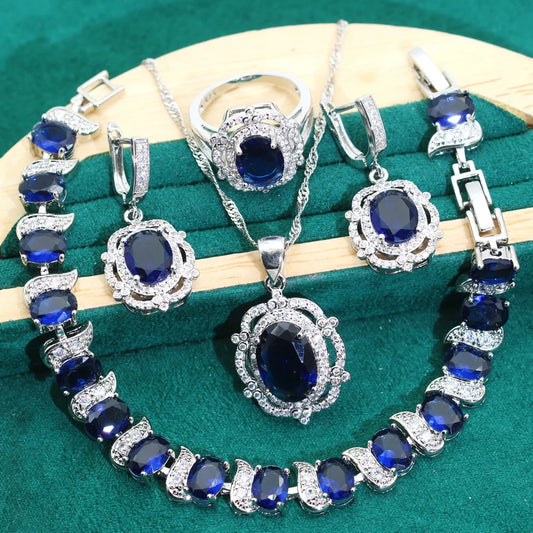 2024 New Classic 925 Silver Jewelry Set for Women Wedding Blue Zircon Bracelet Earrings Pendant Ring for Party Birthday Gifts