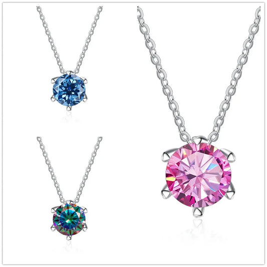 Factory Custom Minimalist 925 Sterling Silver Six Claw Set Round Cut 1 Carat Colorful Moissanite Pendant Necklaces Women