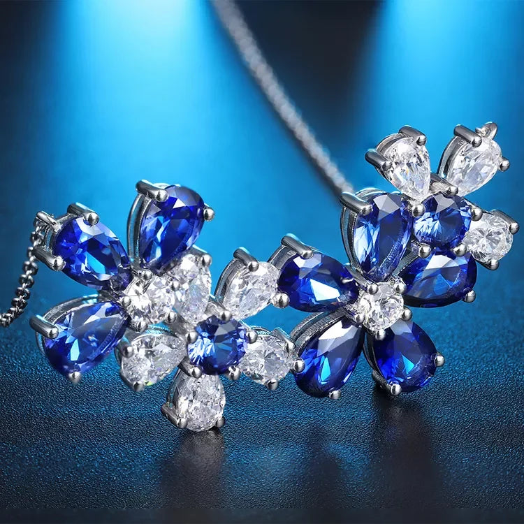 Gemfiori 925 Silver Jewelry Sterling Diamond Flowers Pendant Synthetic Sapphire Necklace for Her Birthday Gift Affordable Trendy