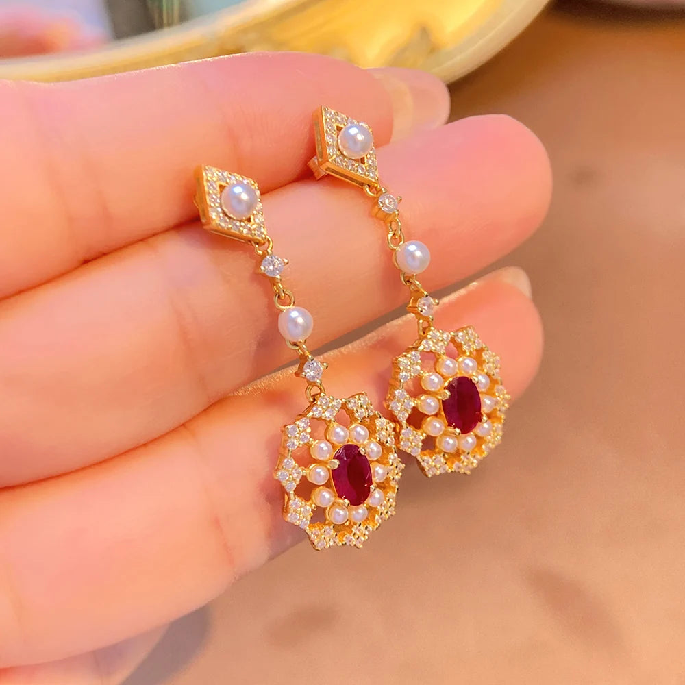 Gioiellieri 925 Sterling Silver Oval Cut Ruby Natural Stone Claw Setting Gold Plated Drop Earrings Luxury Jewelry Gift Women Party Occasion