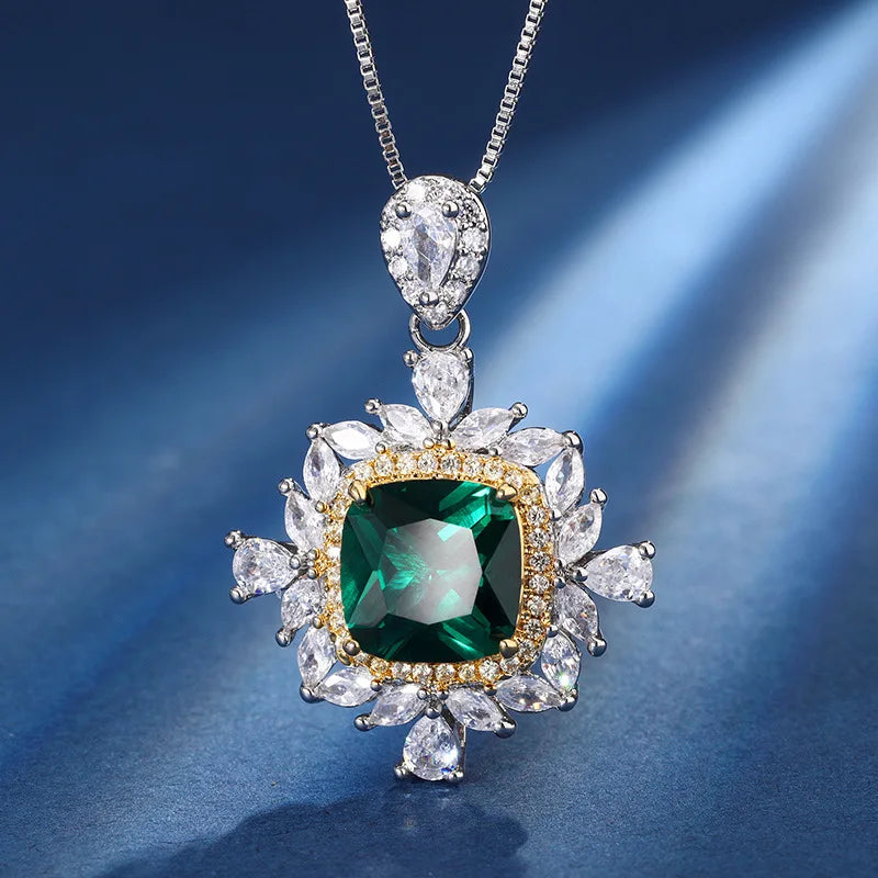Gemfiori New European and American Retro Emerald Zircon Pendant Ring Sunflower Luxurious High-end Jewelry Set