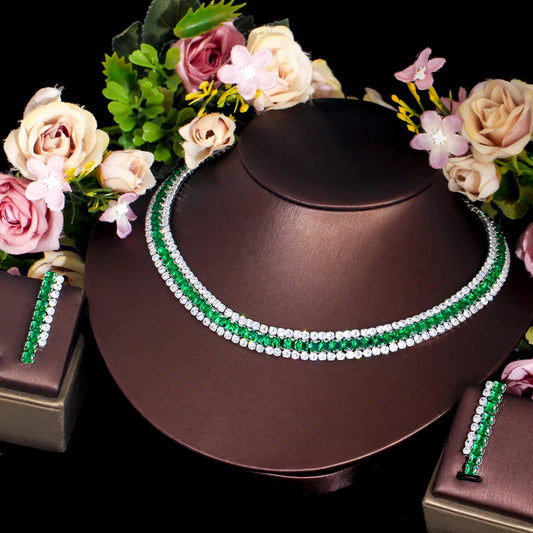 Sparkly Multiple Green Cubic Zirconia Setting Silver Plated 2pcs Bridal Wedding Event Round Necklace and Earring Jewelry Sets