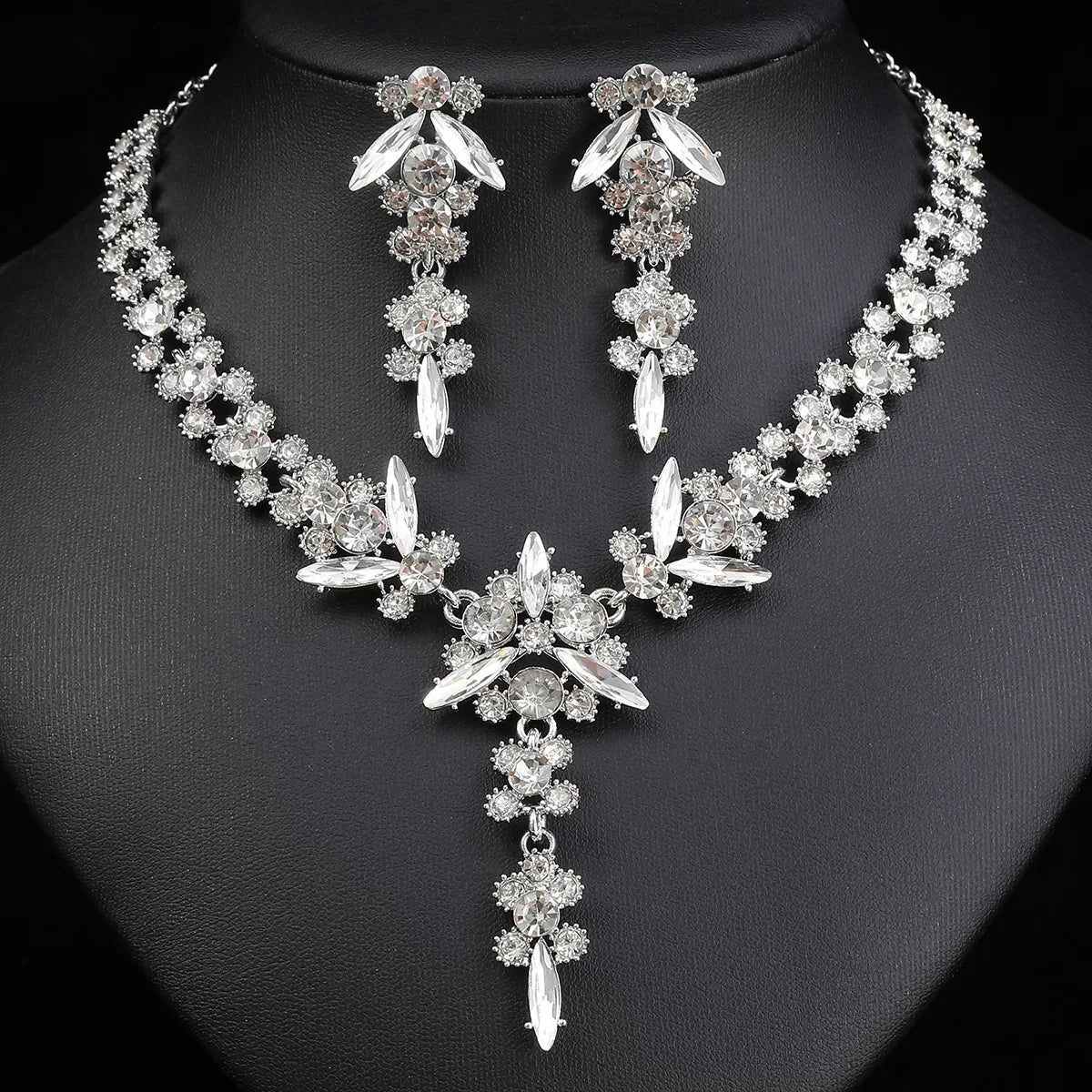 XM S340 Champagne Crystal Zircon Floral Necklace & Earrings Set