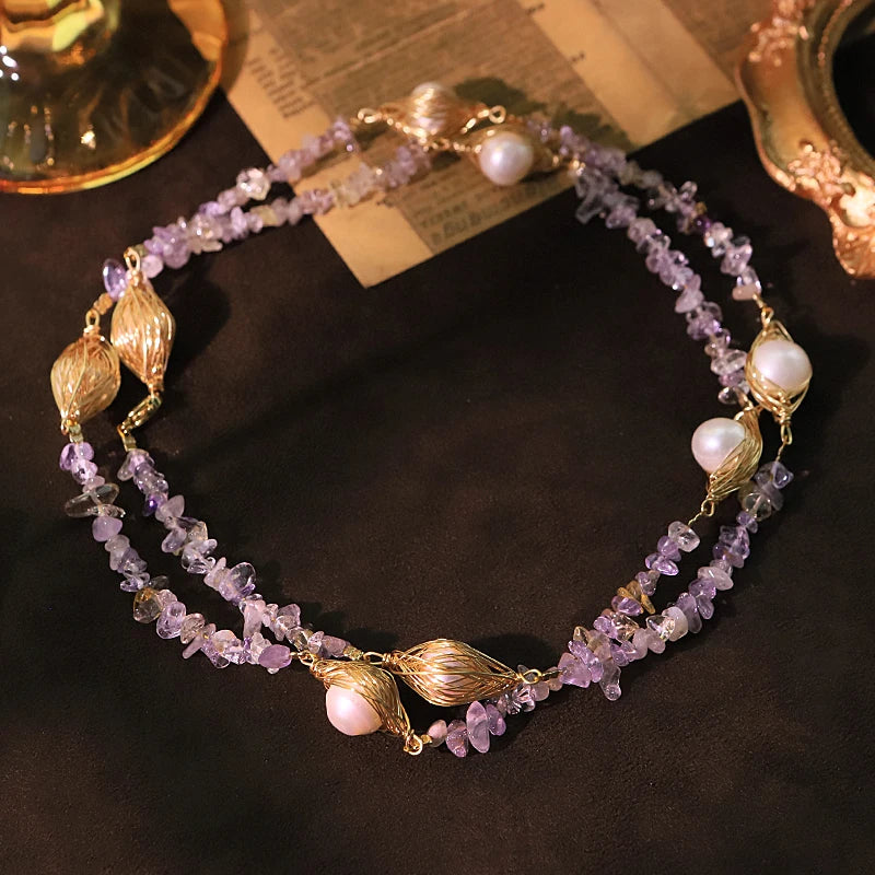 GLSEEVO Natural Freshwater Pearl & Amethyst Sterling Silver Necklace & Earrings Set — Luxury Design