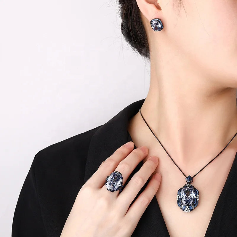 Gemfiori Luxury Vintage Black Rhodium Plated Pink Morganite Jewelry Set Cushion Cut Pink Gemstone Pendant Necklace Ring Stud Earring Gift