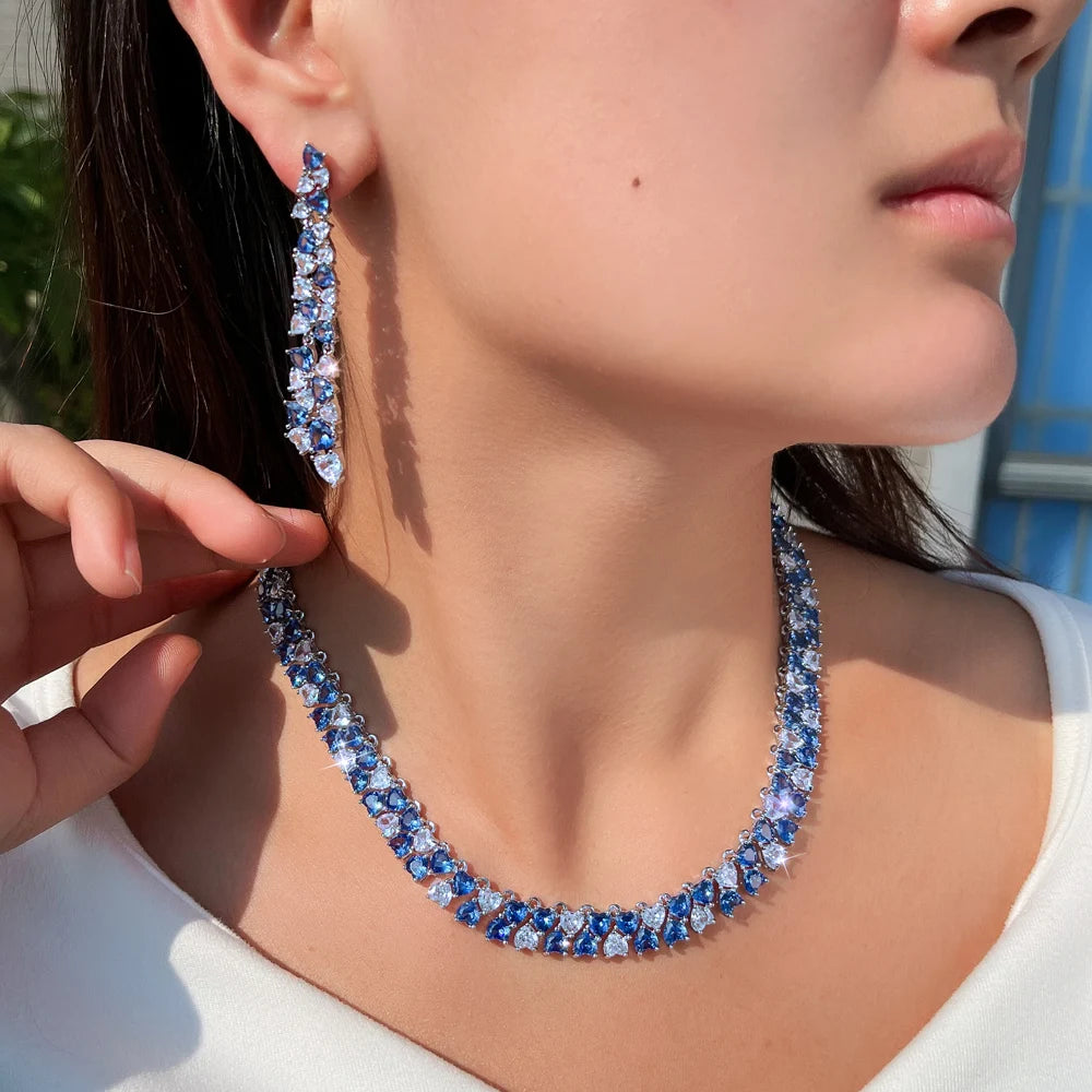 Super Luxury Necklace Earrings White Zirconia and Blue Synthetic Tanzanite Stone Jewelry Set for Women Wedding Party Jewelry