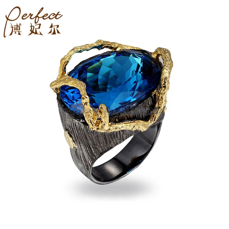 New Arrivals Saudi Arabia Ring Blue Grass 925 Sterling Silver Antique Ring with Gold Plated