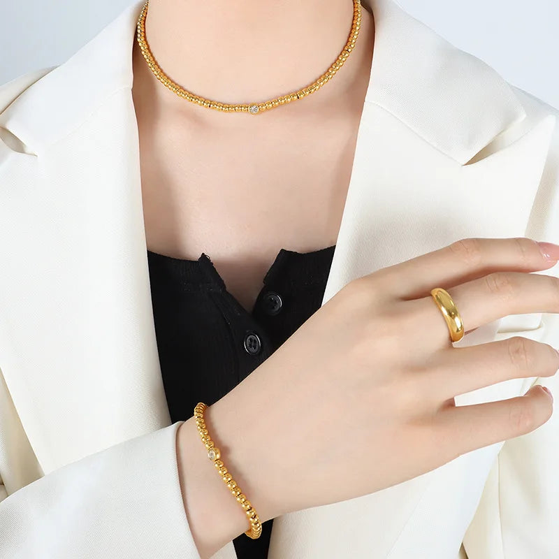 Diamond Geometric Pendant Bead Chain Necklace & Bracelet | New Chinese Style Gold Stainless Steel Jewellery