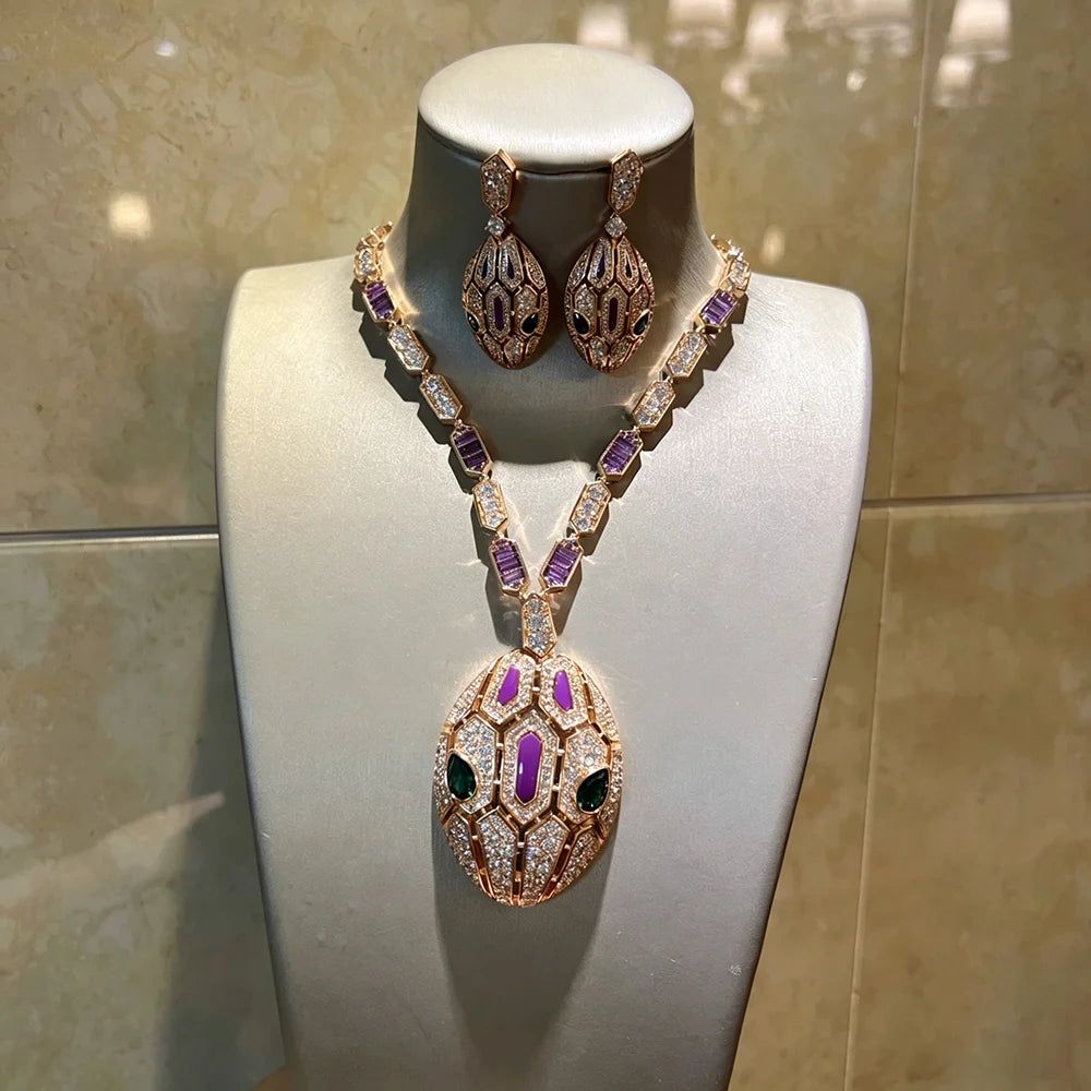 XM S296 Rose Gold Plated Purple & Green Zircon Snake Pendant Necklace & Earrings Statement Set
