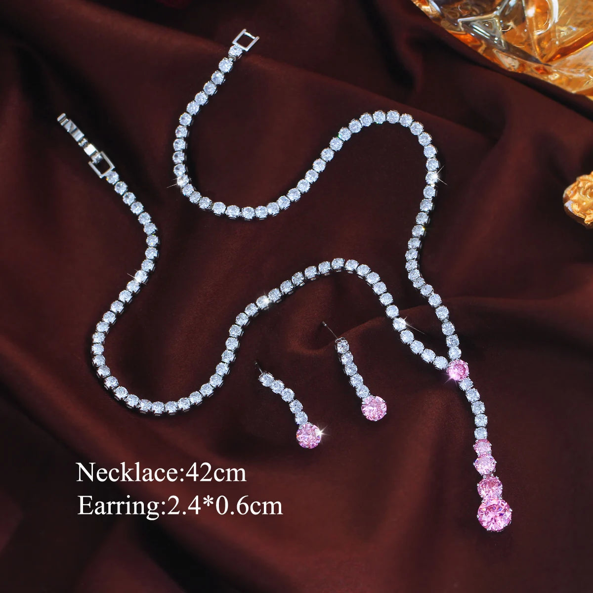 Charming CZ Jewelry Set Long Round Tennis Brilliant Cut Pink Zircon Necklace Earring Rhodium Plated CZ Women Wedding Jewelry Set