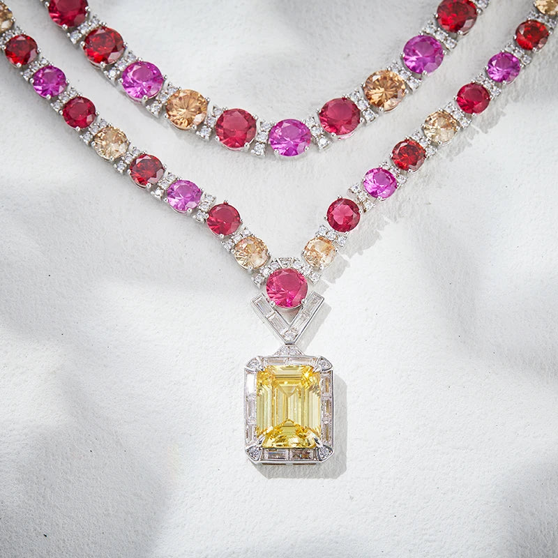 Rainbow High-End Jewelry Dubai Set Exaggerated India Zircon Double-Layer Necklace Long Earrings Trendy Women's Gifts Engagements