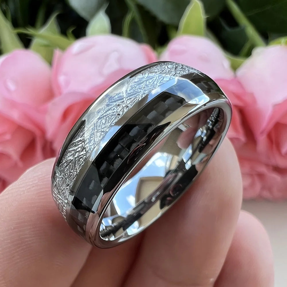 Coolstyle Jewelry 8mm Wholesale Meteorite Carbon Fiber Inlay Tungsten Ring for Men Women Fashion Engagement Wedding Band