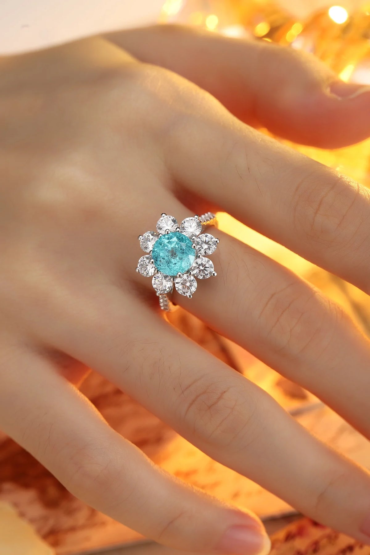 Gemfiori Anster 925silver Round Lab Grown Paraiba and Moissanite Ring for Women Customized Service Rings Acceptable