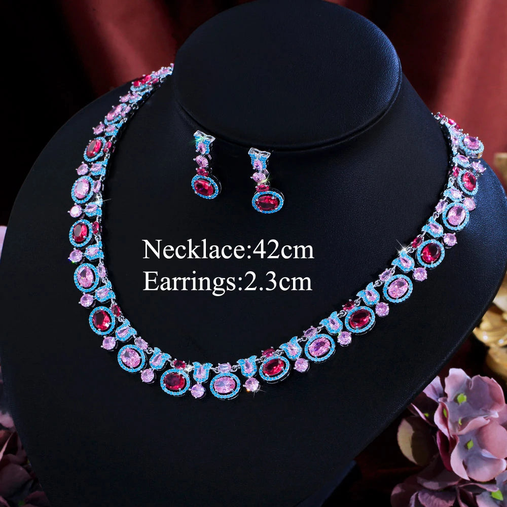 Glamorous Necklace and Earrings Oval Shape Dazzling Cubic Zirconia Blue Red Pink Big Multicolor Jewelry Set for Women Banquet