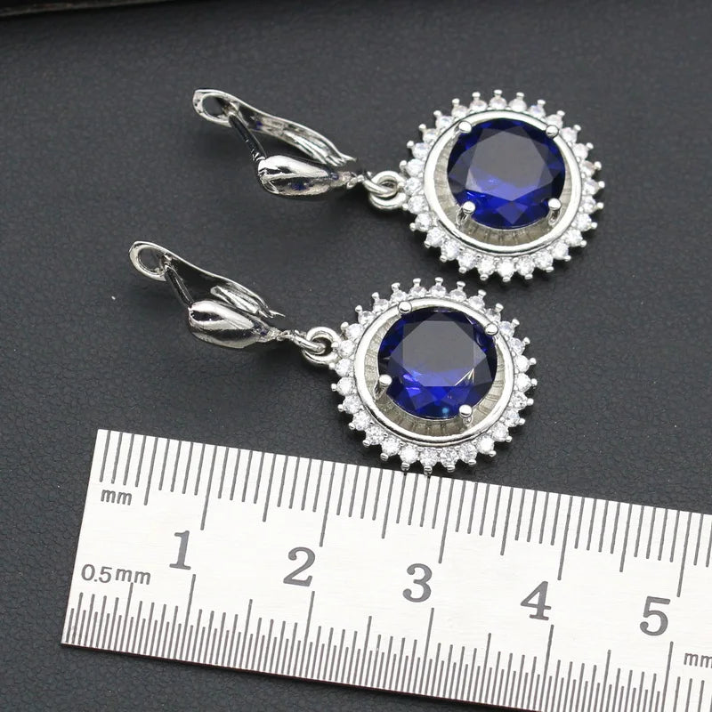 XOTICA Silver 925 Women's Wedding Jewelry Set with Circular Royal Blue Zircon Earrings Necklace Pendant Ring Bracelet Halloween Gift