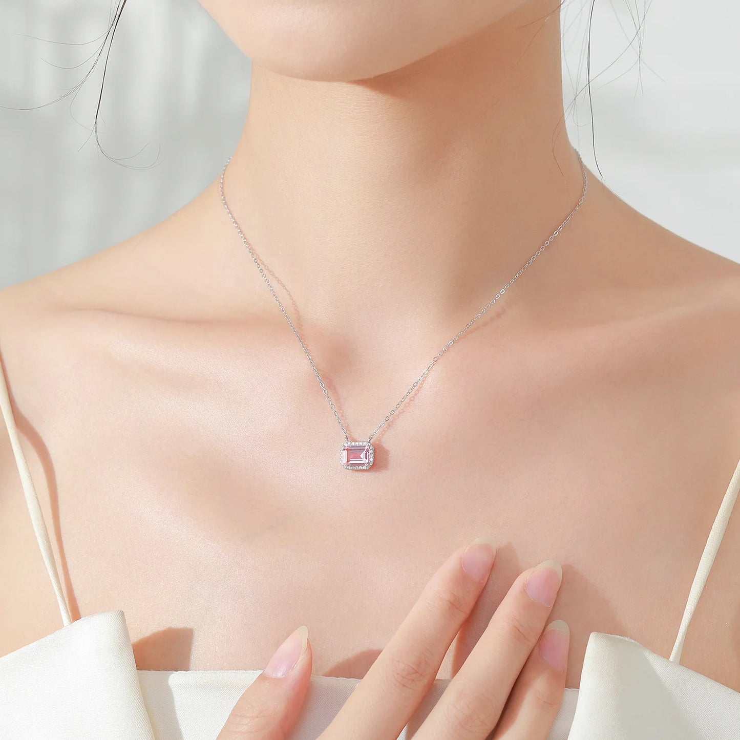 Wholesale 925 Sterling Silver Light Luxury Pink Square Sugar Earring Necklace Advanced Emerald Jewelry Set Gift Set
