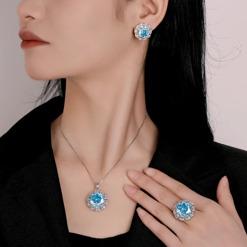 Gemfiori Luxurious Unique Rose Circular Design Necklace Earrings for Girls Blue Cubic Zircon Set Fashionable Women Adjustable Ring
