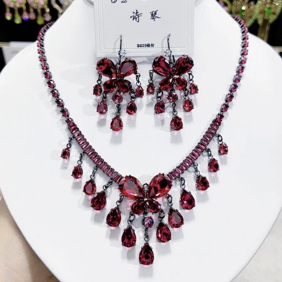 K082 Women Trendy Luxurious Tassel Red Zircon Butterfly Bridal Necklace Earrings Set Wedding Elegant Jewelry Set