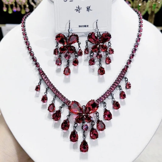 K082 Women Trendy Luxurious Tassel Red Zircon Butterfly Bridal Necklace Earrings Set Wedding Elegant Jewelry Set
