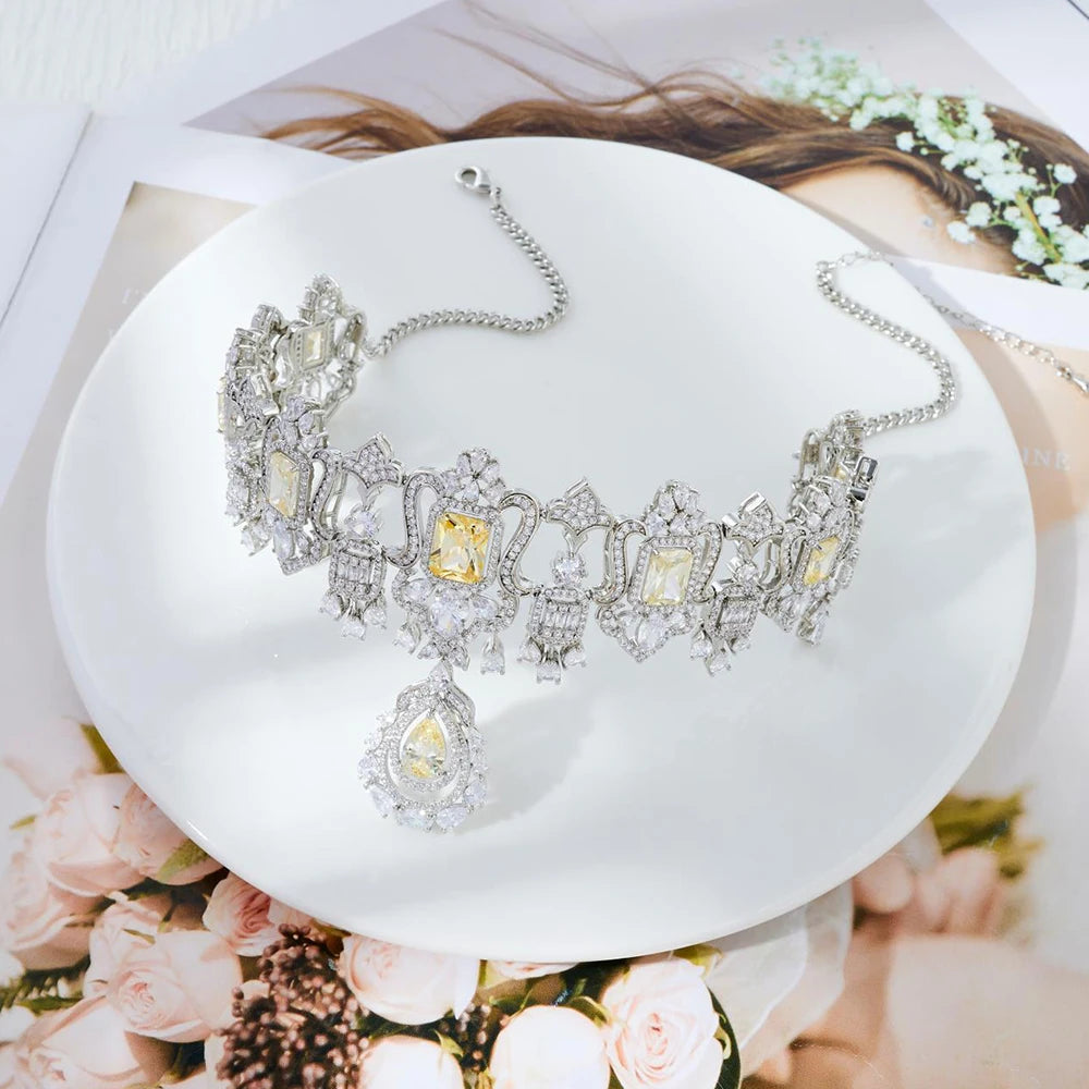 018269 Luxury Color Bridal Choker Necklace with Earrings for Women Cubic Zircon Wedding Jewelry Sets Brides Accessories Indian