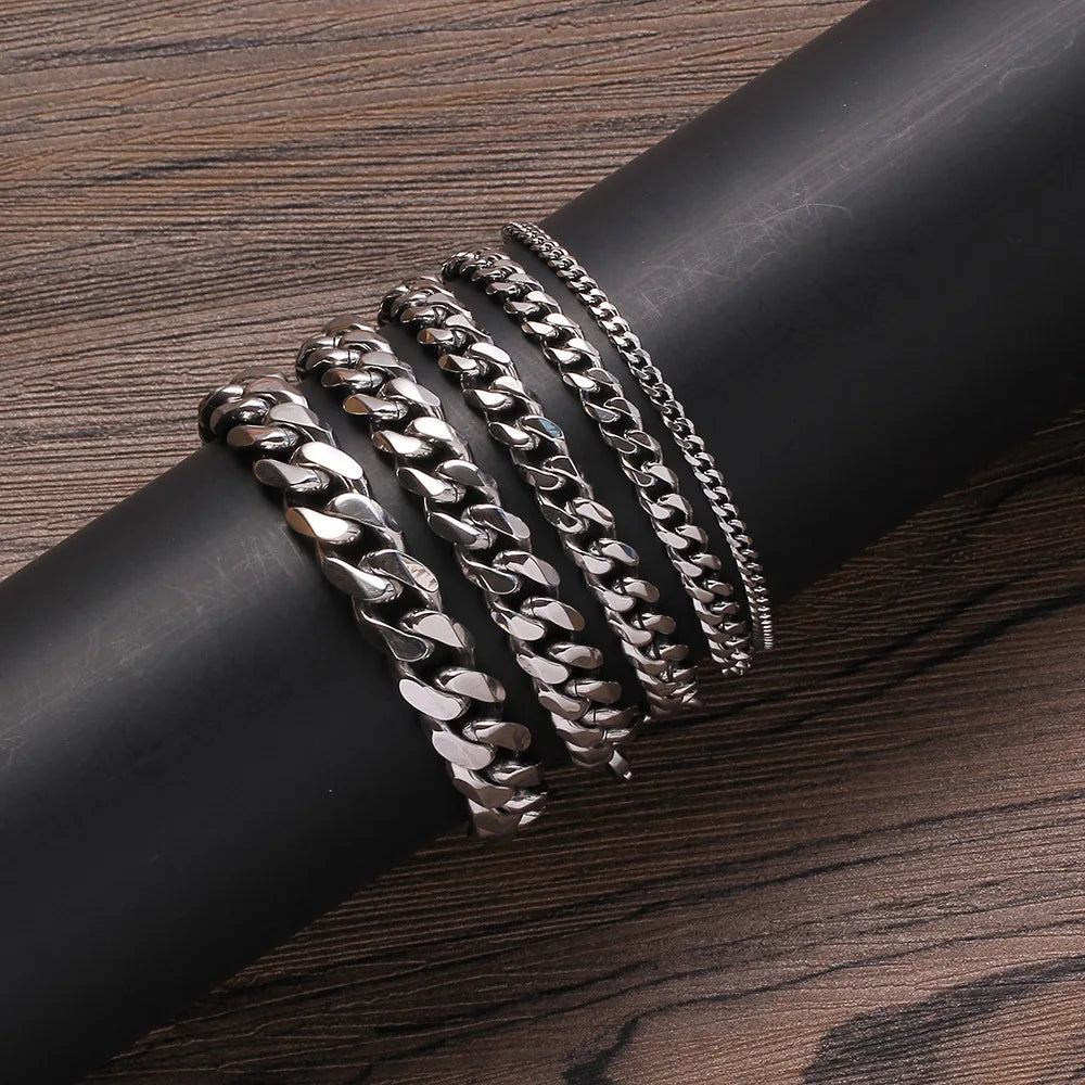 REDheart REBEL Fashion Hip Hop Jewelry Gold Silver Color 3/5/7/9/11mm Lobster Clasp Stainless Steel Cuban Link Bracelet for Women and Men