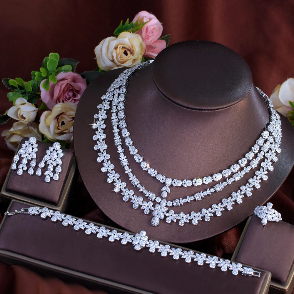 4pcs Luxury Multi Layered Triple 3 Layers Flower Necklace Earrings Tassel Middle East Bridal Wedding Big Jewelry Set for Women