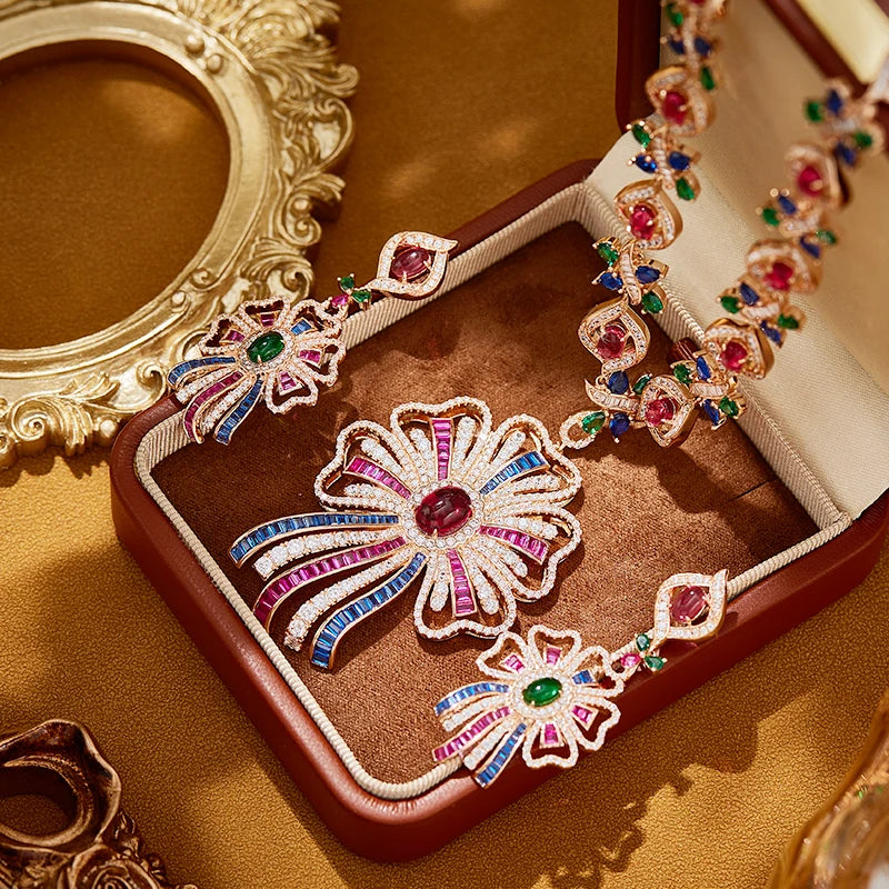 Retro Gorgeous High Quality Electroplated Two-Piece Set Colorful Ribbon Necklace Earrings Perfect Anniversary Fashion Jewelry