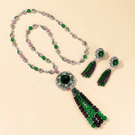 Gemfiori Tassel Design Nigerian Wedding Jewelry Sets Extra Large Jewelry Sets Necklace Earring Set for Temperamental Ladies