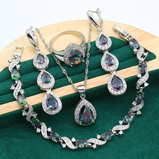 Dubai Rainbow Zircon Silver Jewelry Wholesale Set Ladies Long Earrings Ring Bracelet for Parties Engagements Christmas Gift