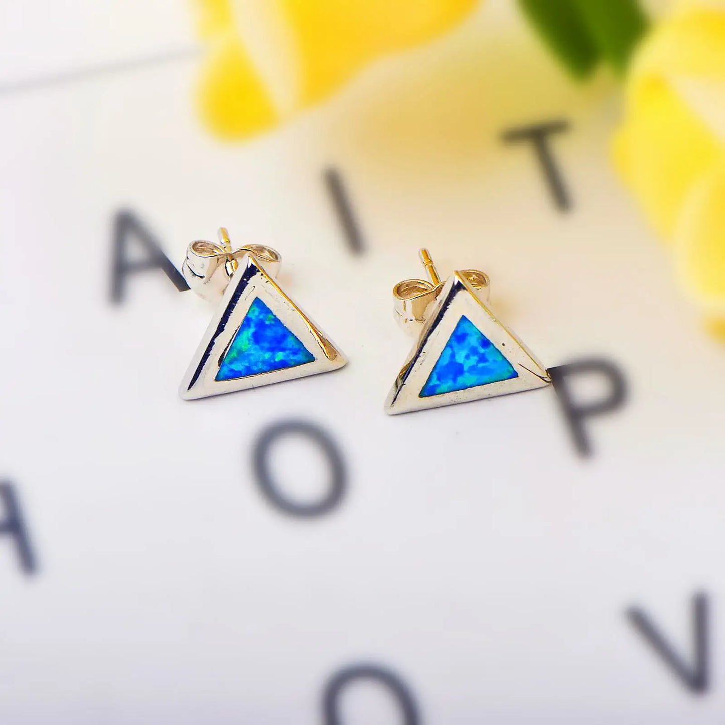 Elegant Hawaiian Opal Studs Sparkling Blue  Triangle Earrings with Iridescent Shine