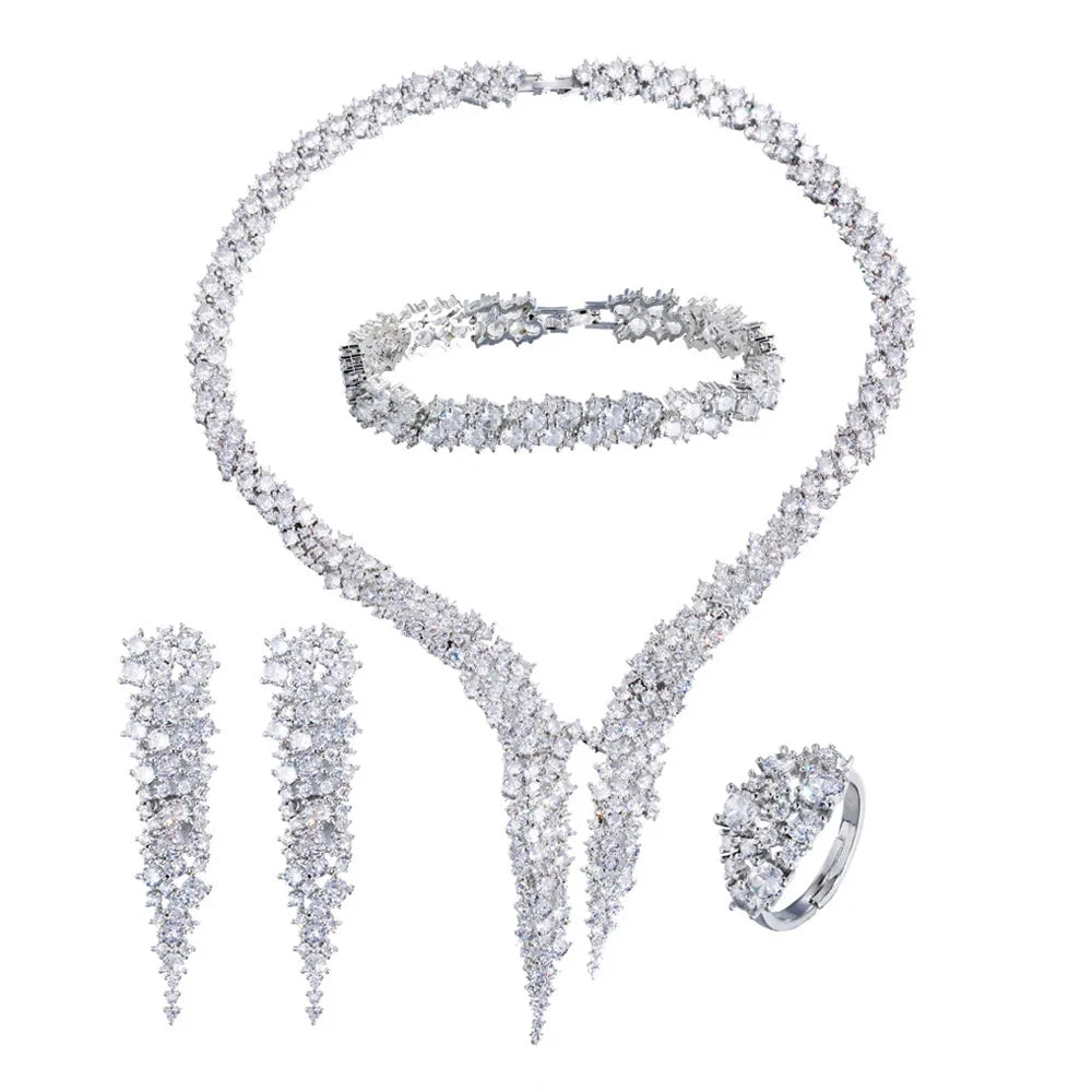 Dubai Brilliant CZ Heave Crystal Necklace Earrings Set 4Pcs Luxury Silver Women's Jewelry Dinner Party Wedding Bridal Gift