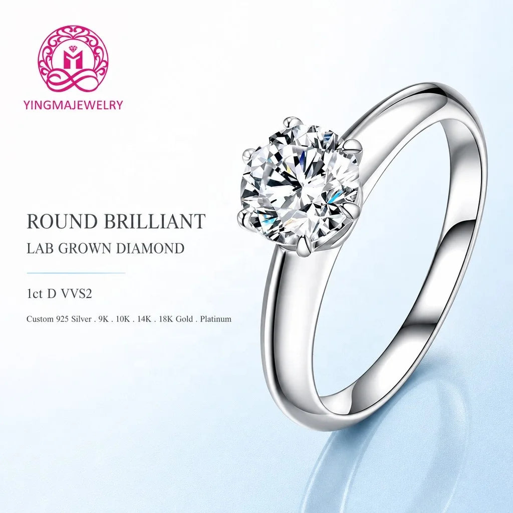 Gemfiori Minimalist 6 Prong Lab Grown Diamond Ring 1CT D VVS1 VVS2 Round Brilliant Cut 9K 10K 14K 18K Gold Sleek Women Daily Wear Ring