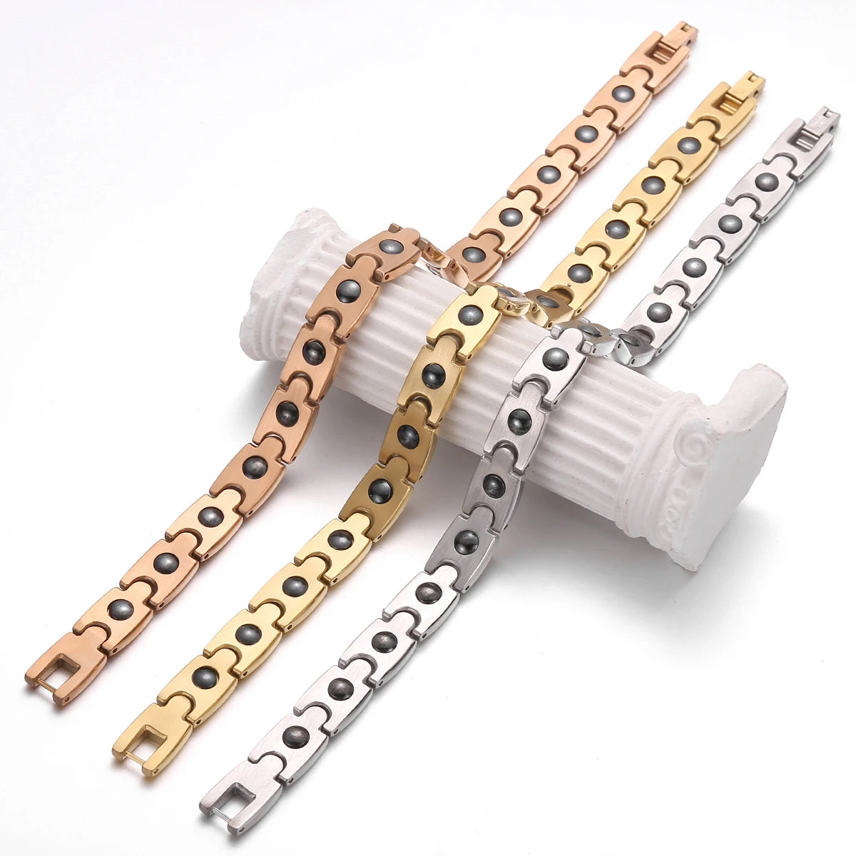 REBEL FASHIONISTA JK Jewelry 18K Plated Stainless Steel Men's Adjustable Trendy Geometric Chain Link Diamond Magnetic Therapy Bracelet for