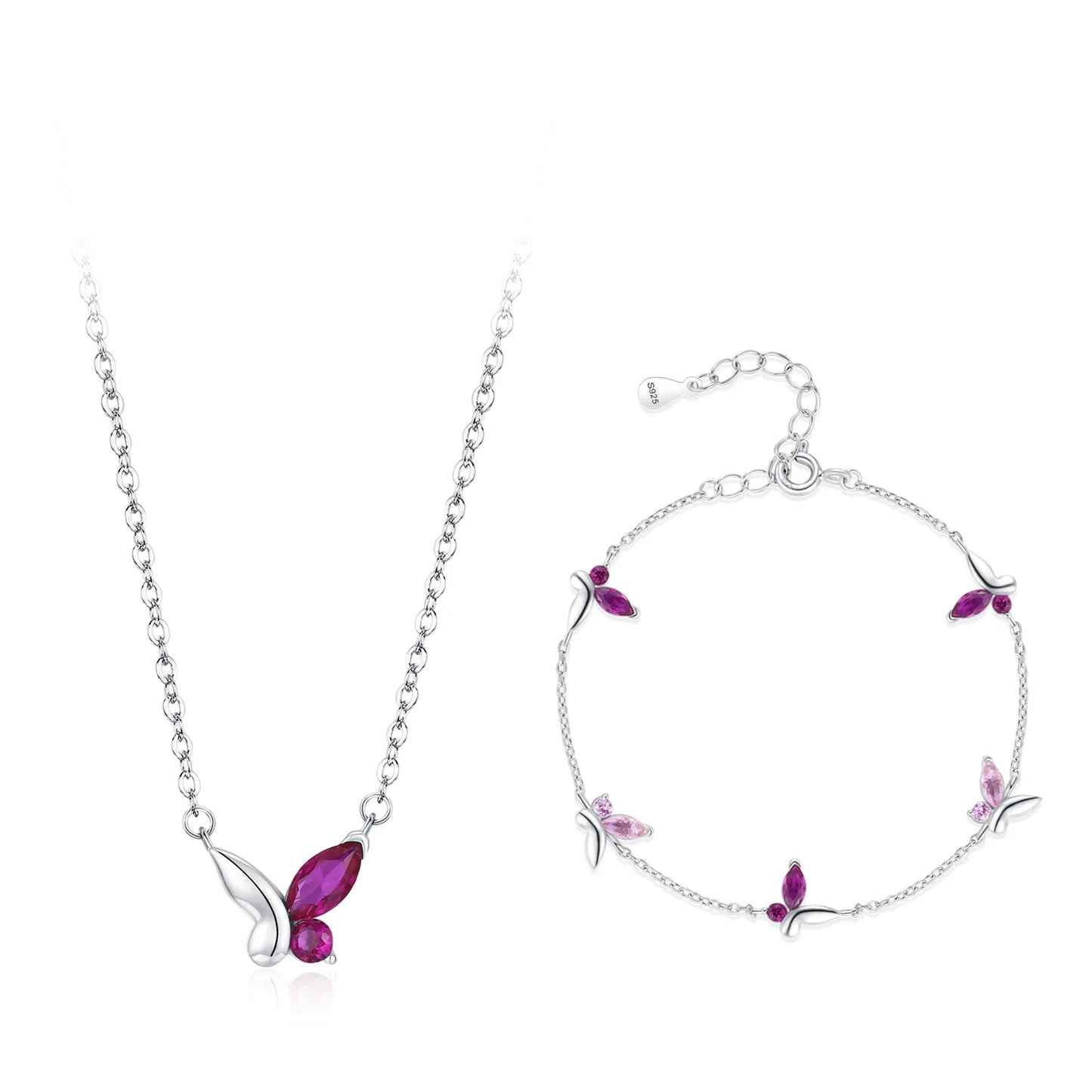 925 Sterling Silver Pink Sweet Romantic Butterfly Necklace Bracelet Set Niche Design Jewelry Gift Set