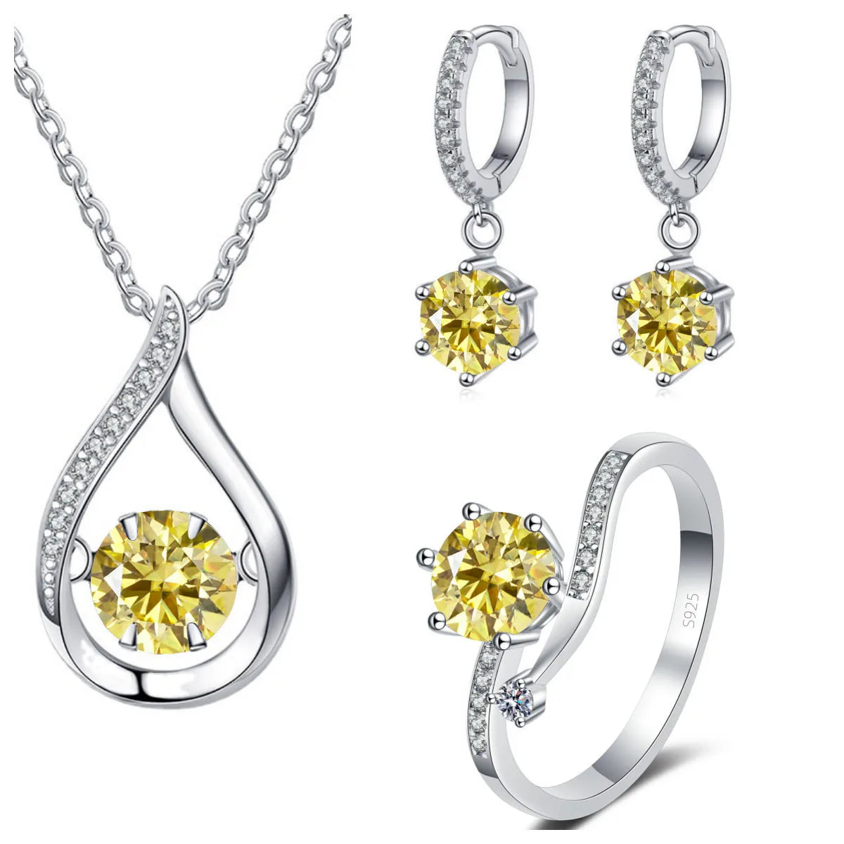 S&S 925 Silver 1CT VVS Moissanite Jewellery Set | Water Drop Necklace, Earrings & Ring | 20 Colours