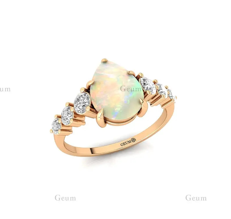 18k Solid Gold Engagement Gift Natural Ethiopian Opal Gemstone Real Diamond Classic Pave Setting Rings Luxurious Bridal Jewelry